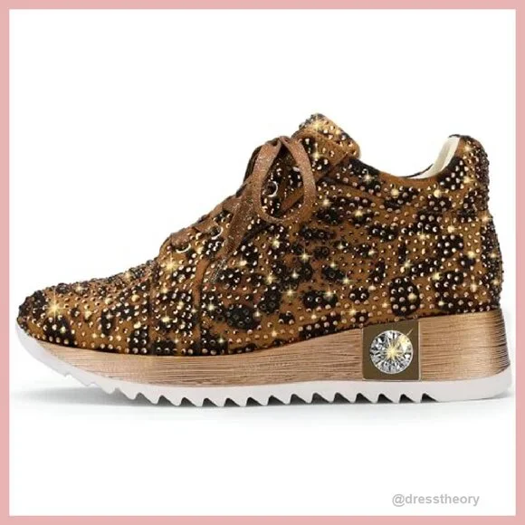 Women's Glitter Platform Sneakers with Rhinestones & Wedge Heel